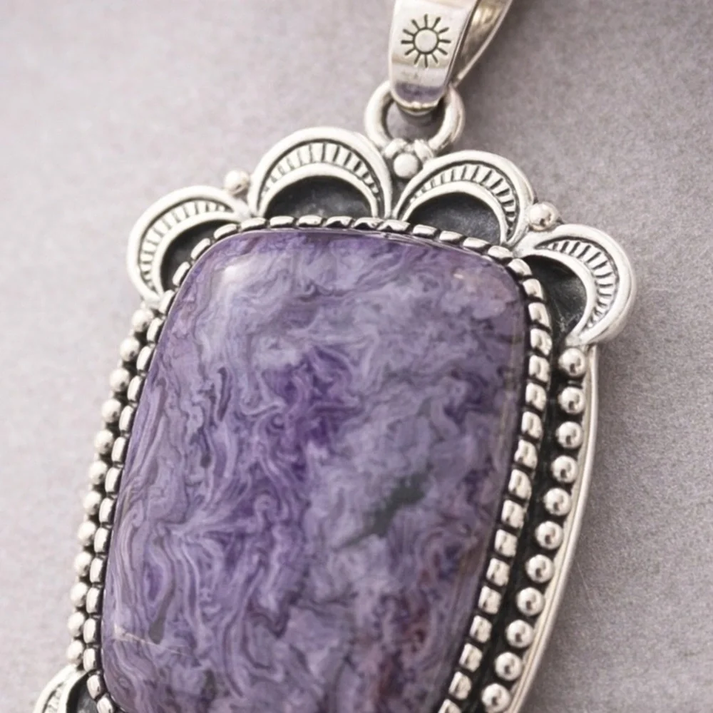 Natural Charoite 925 Silver Pendant – Silk Patterned Stone Purple Gemstone #557